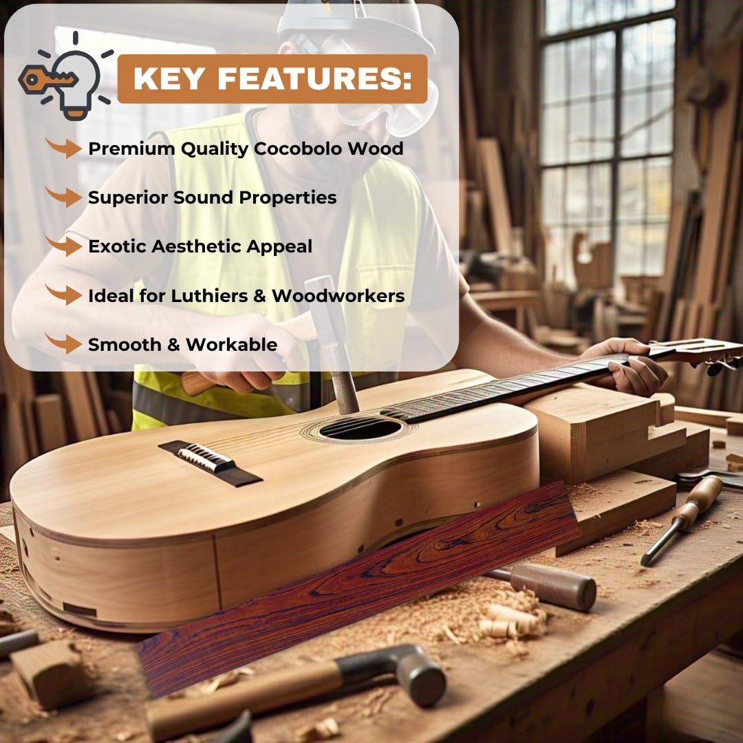 IECAP LLC Cocobolo Wood Guitar Fretboard Blanks Fingerboard Neck for Acoustic Guitars Diy Cigar box Electric Accessories Replacement Parts Fret Finger board Blank 18” x 2.5” x 0.25”