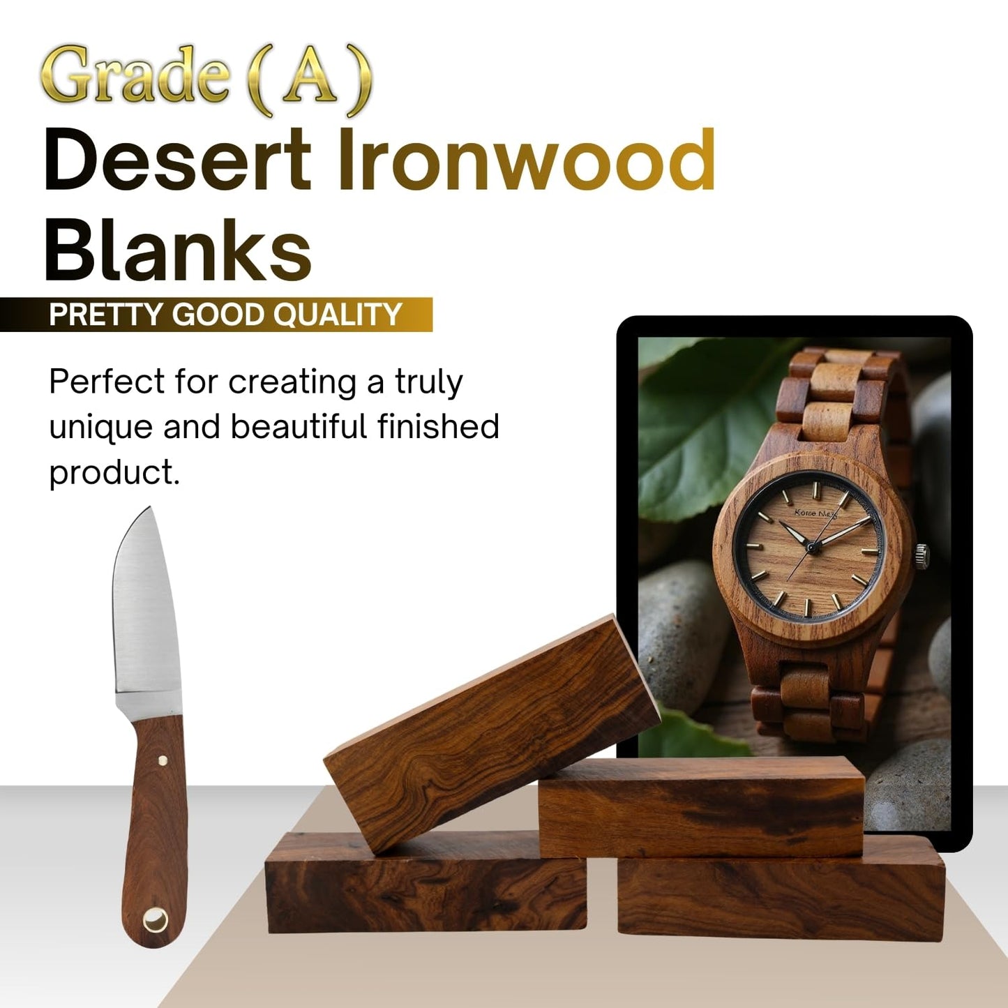 Premium Desert Ironwood Blanks — Pack of 40 — Hardwood Material — Exotic Wood Turning Blanks for Carving, Knife Handles Scales & Woodturning — Size 5 1/8" × 1 3/4" × 1 1/4"