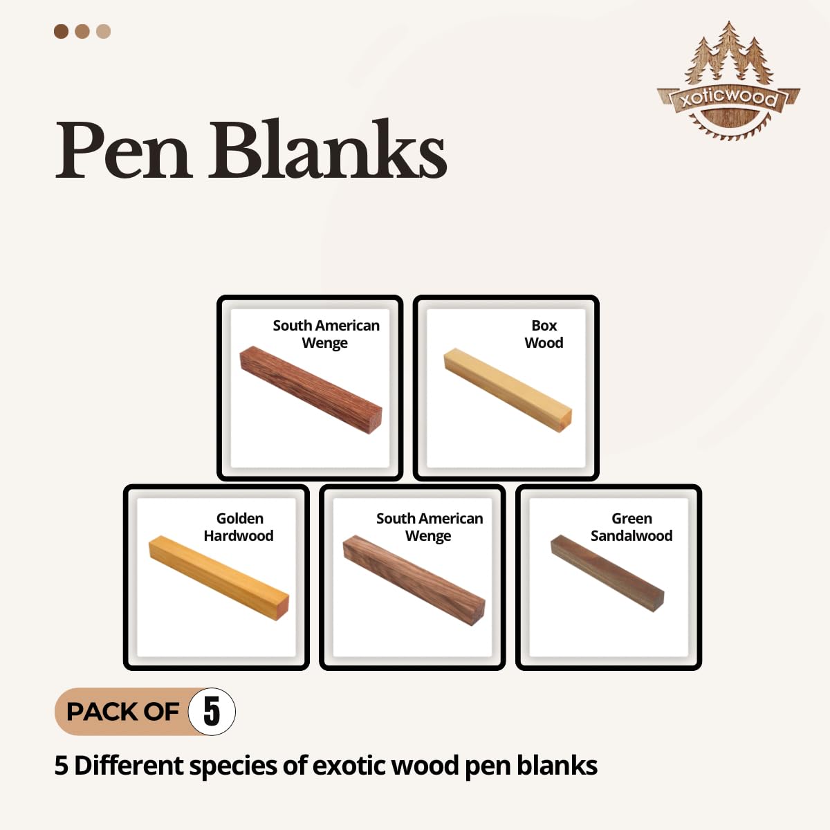 Pack of 5 Exotic Wood Blanks for Pen Turning – Premium Pen Supplies – 5 Unique Species – Golden Hardwood, Green Sandalwood, Zebrawood, Boxwood, South American Wenge – Size 4 3/4 x 3/4 x 3/4 inches