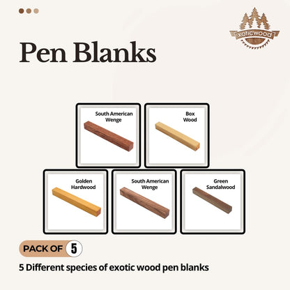 Pack of 5 Exotic Wood Blanks for Pen Turning – Premium Pen Supplies – 5 Unique Species – Golden Hardwood, Green Sandalwood, Zebrawood, Boxwood, South American Wenge – Size 4 3/4 x 3/4 x 3/4 inches