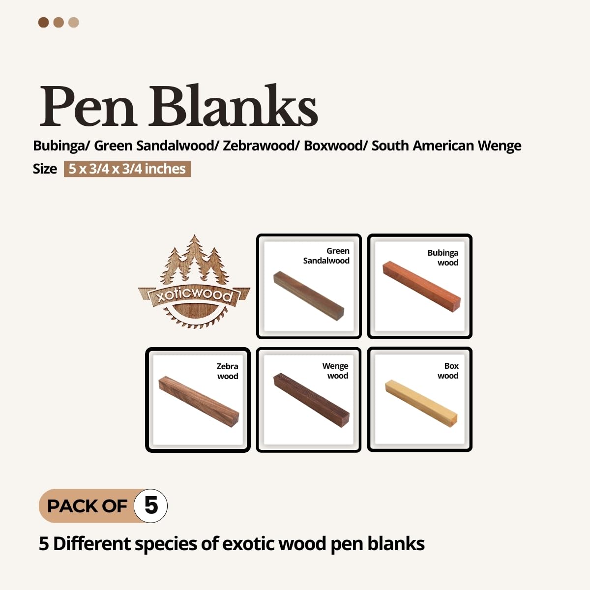 Pack of 5 Exotic Wood Blanks for Pen Turning – Premium Pen Turning Supplies – Hardwood Turning Blanks – Bubinga, Green Sandalwood, Zebrawood, Boxwood, South American Wenge – 4 3/4 x 3/4 x 3/4 Inches