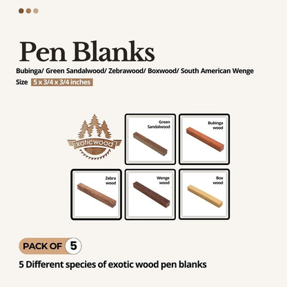 Pack of 5 Exotic Wood Blanks for Pen Turning – Premium Pen Turning Supplies – Hardwood Turning Blanks – Bubinga, Green Sandalwood, Zebrawood, Boxwood, South American Wenge – 4 3/4 x 3/4 x 3/4 Inches