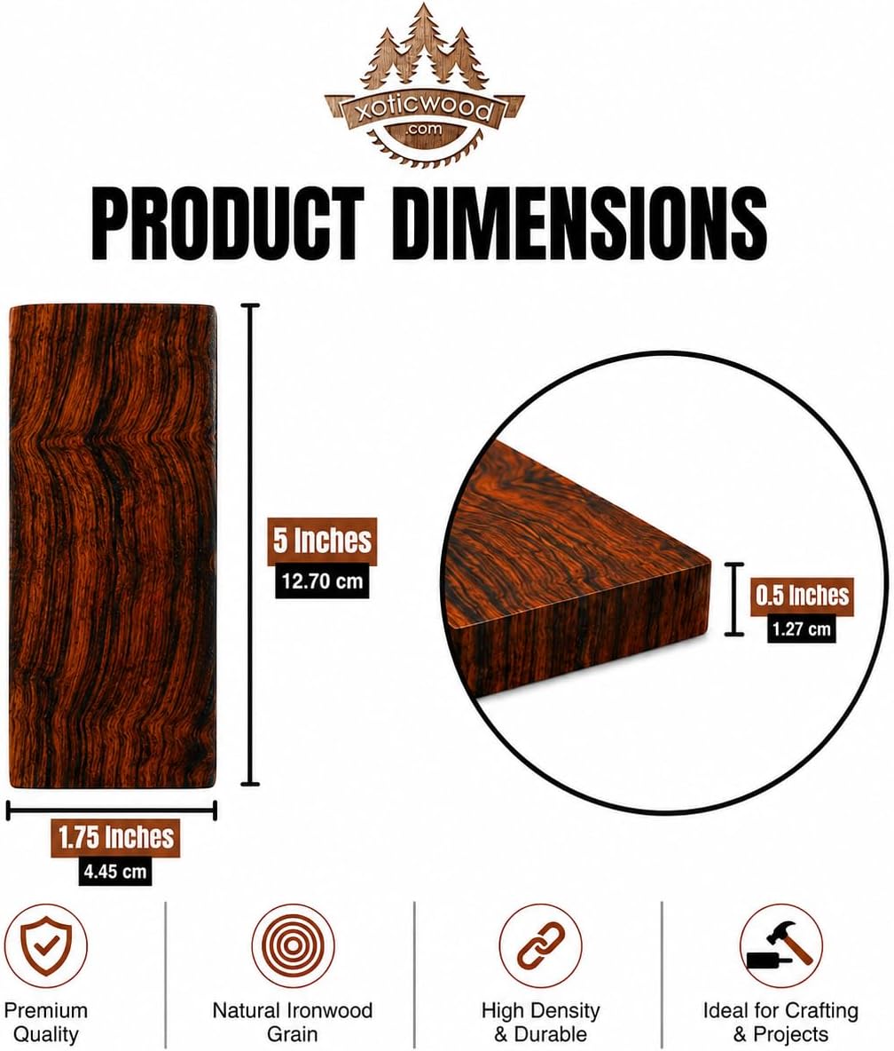 Bookmatched Ironwood Knife Handle Scales – Natural Wood Knife Scales – Knife Scales for DIY Crafts – Ironwood Knife Handle Material – Size 5 x 1.75 x 0.5 inches – 1 Pair