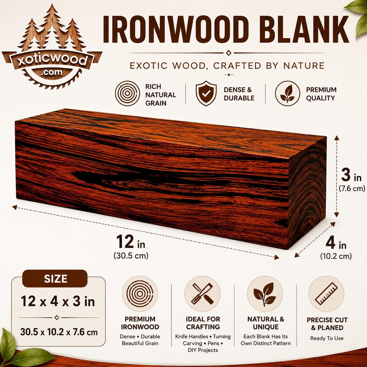 Hardwood Ironwood Blanks, Exotic Wood – Woodchucks Wood – Hardwood Lumber – Natural Wood for DIY Crafts – Ironwood Lumber Turning Blanks – Size 12 x 4 x 3 inches – Pack of 1