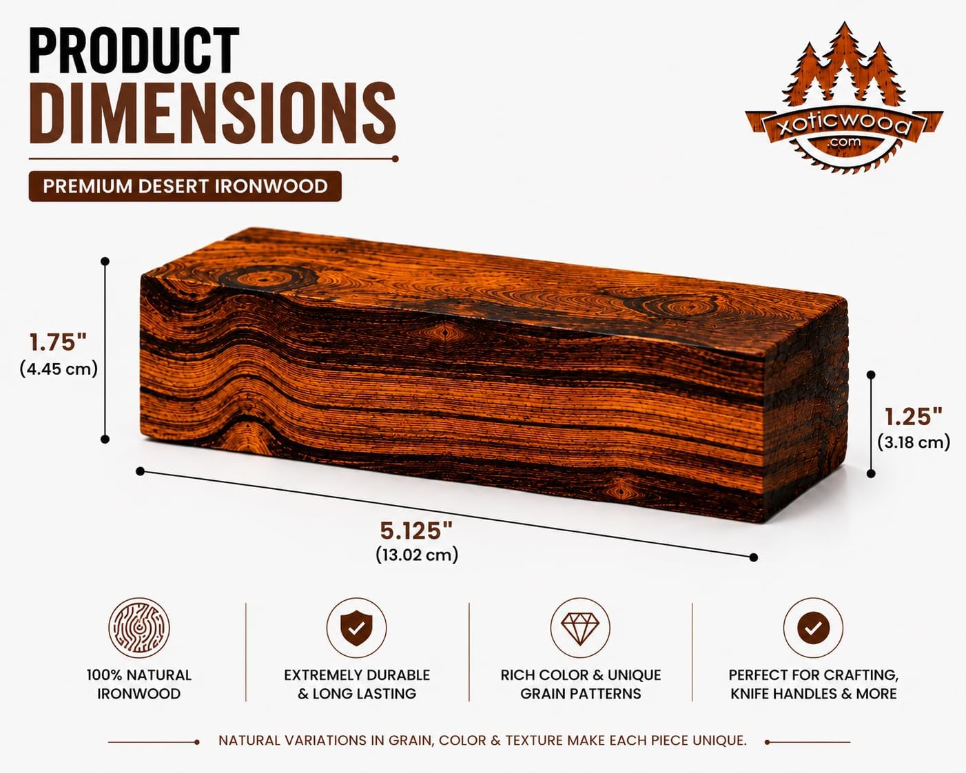 Hardwood Ironwood Blanks (Premium Burl Ball Pattern), Exotic Wood – Woodchucks Wood – Hardwood Lumber – Natural Wood for DIY Crafts – Size 5 1/8 x 1 3/4 x 1 1/4 inches – Pack of 1