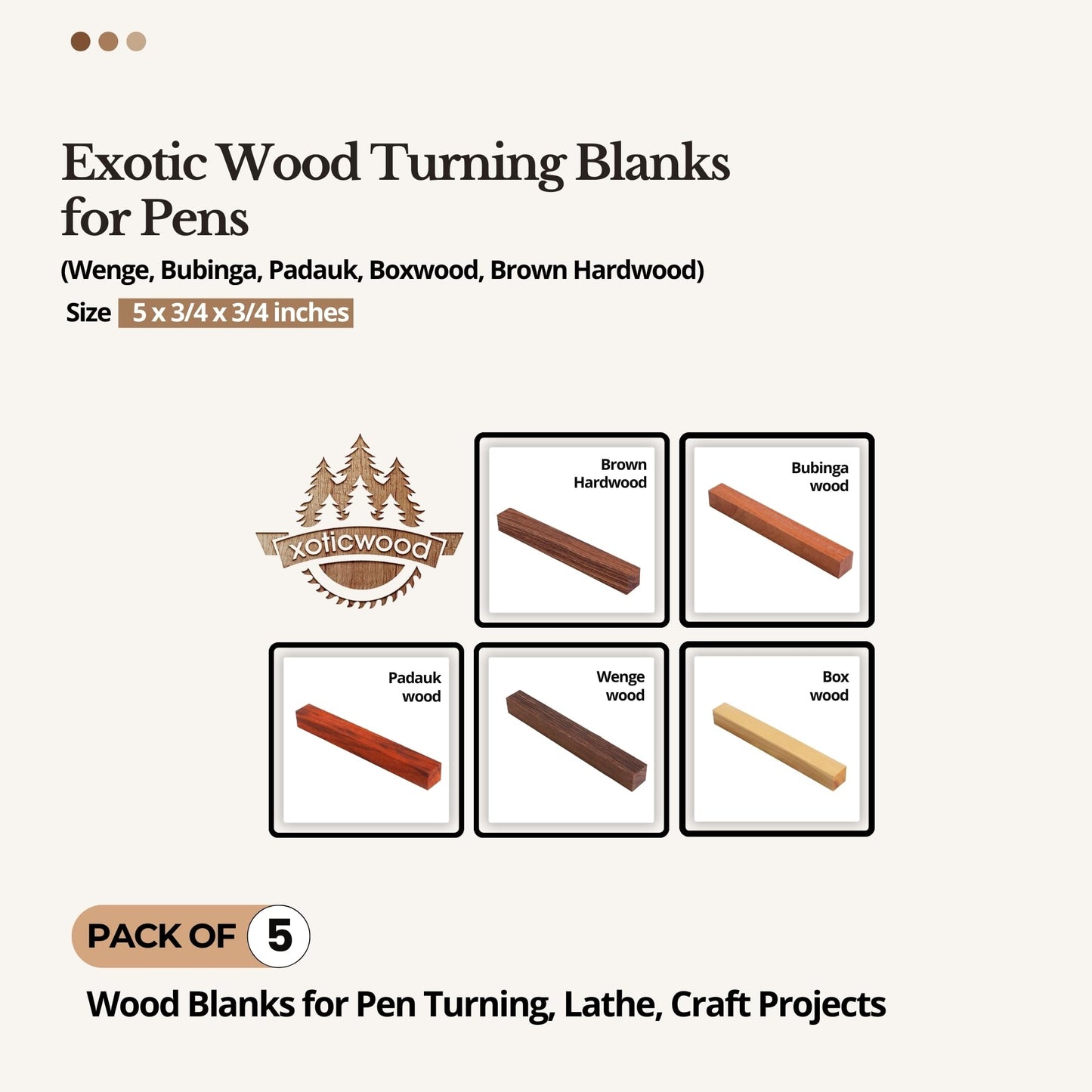 Exotic Wood Pen Blanks Pack of 5 – Wenge, Bubinga, Padauk, Boxwood & Brown Hardwood for Pen Turning & DIY Crafts – 5 x 3/4 x 3/4 In