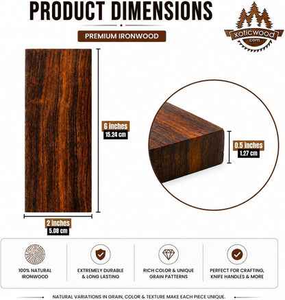 Bookmatched Ironwood Knife Handle Scales – Natural Wood Knife Scales – Knife Scales for DIY Crafts – Ironwood Knife Handle Material – Size 6 x 2 x 0.5 inches – 1 Pair