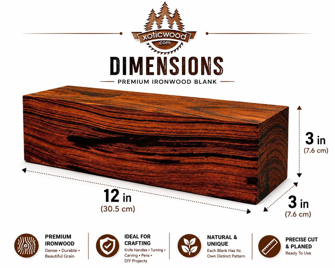 IECAP LLC Pack of 1 Hardwood Desert Ironwood Blank, Exotic Wood – Woodchucks Wood – Natural Wood for Woodworking, Woodturning and DIY Crafts – Ironwood Lumber Turning Blanks – Size 12 x 3 x 3 inches