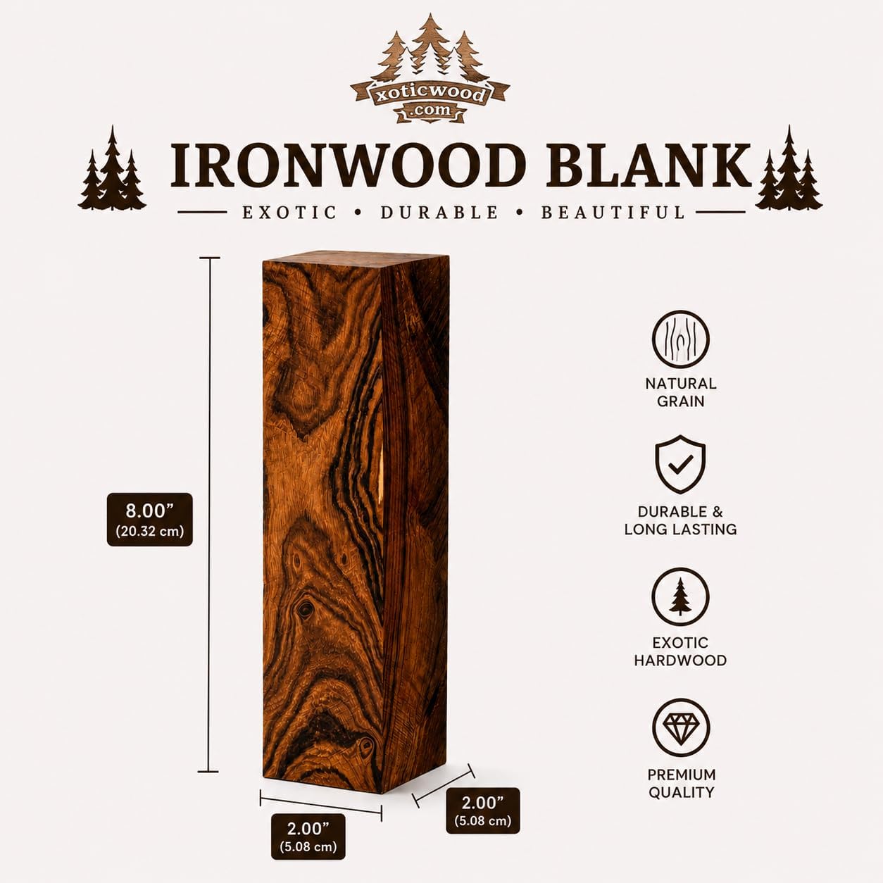 Hardwood Ironwood Blanks, Exotic Wood – Woodchucks Wood – Hardwood Lumber – Natural Wood for DIY Crafts – Ironwood Lumber Turning Blanks – Size 8 x 2 x 2 inches – Pack of 2