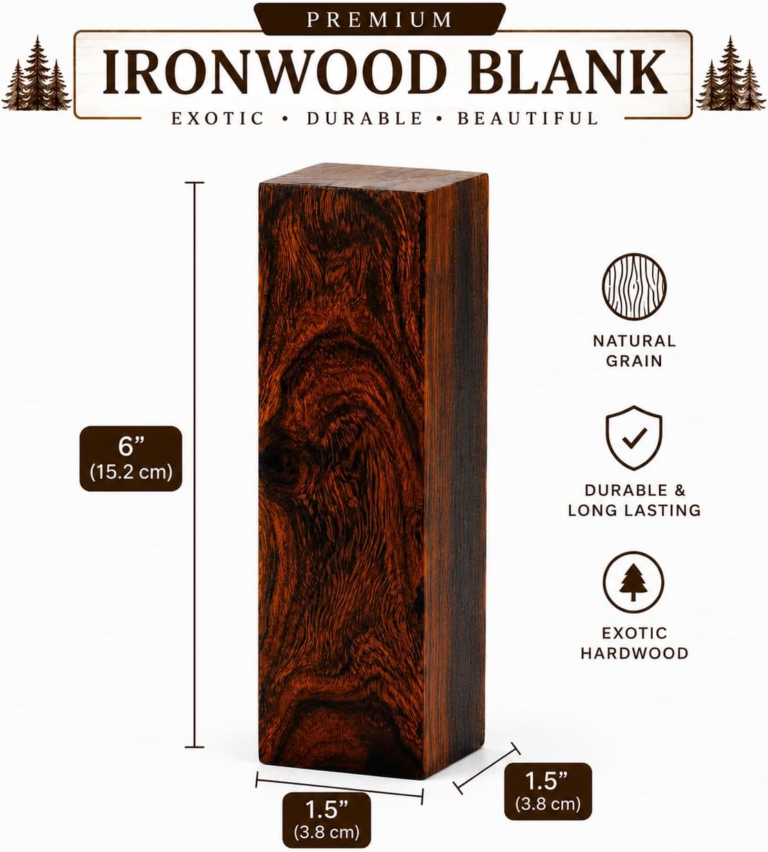 Hardwood Ironwood Blanks, Exotic Wood – Woodchucks Wood – Hardwood Lumber – Natural Wood for DIY Crafts – Ironwood Lumber Turning Blanks – Size 6 x 1.5 x 1.5 inches – Pack of 3