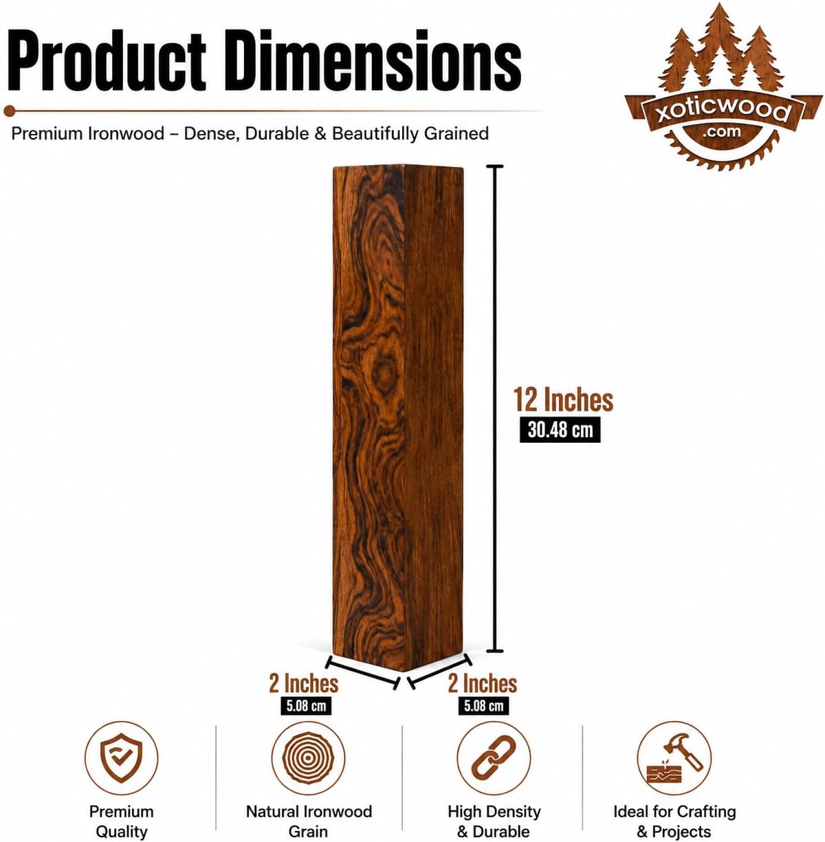 Hardwood Ironwood Blanks, Exotic Wood – Woodchucks Wood – Hardwood Lumber – Natural Wood for DIY Crafts – Ironwood Lumber Turning Blanks – Size 12 x 2 x 2 inches – Pack of 1
