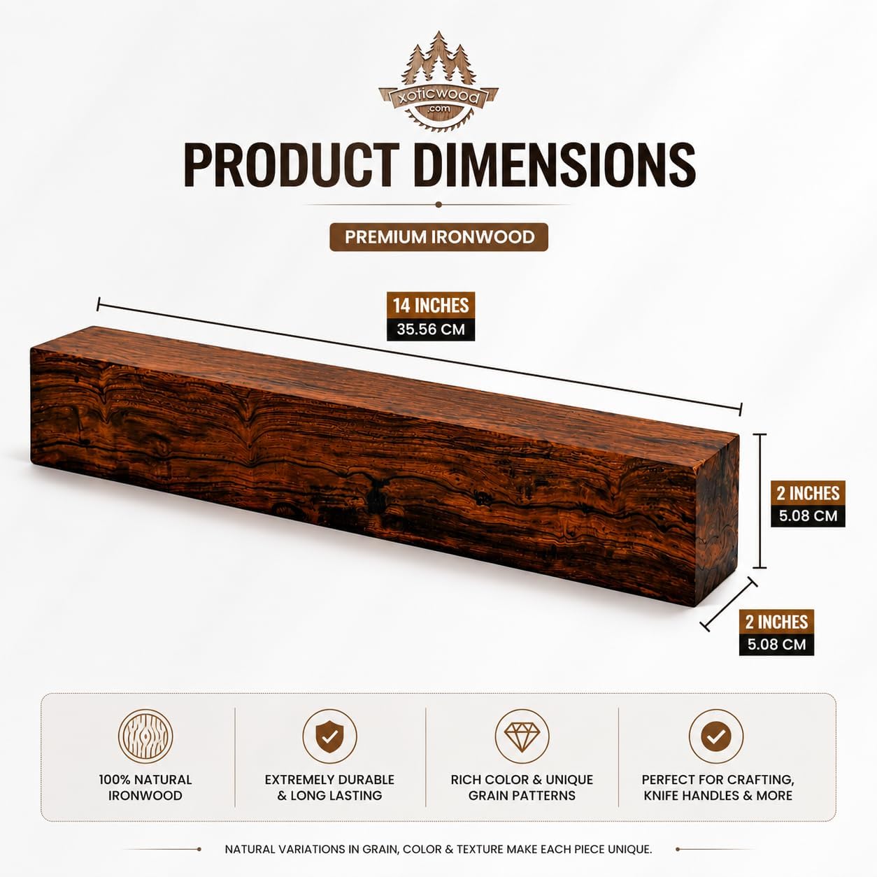 Hardwood Ironwood Blanks, Exotic Wood – Woodchucks Wood – Hardwood Lumber – Natural Wood for DIY Crafts – Ironwood Lumber Turning Blanks – Size 14 x 2 x 2 inches – Pack of 1