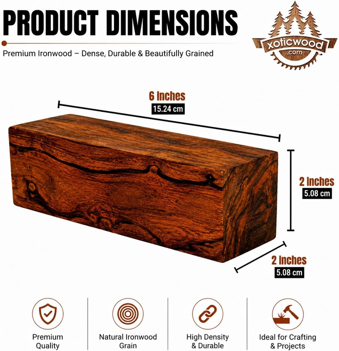 Hardwood Ironwood Blanks, Exotic Wood – Woodchucks Wood – Hardwood Lumber – Natural Wood for DIY Crafts – Ironwood Lumber Turning Blanks – Size 6 x 2 x 2 inches – Pack of 1