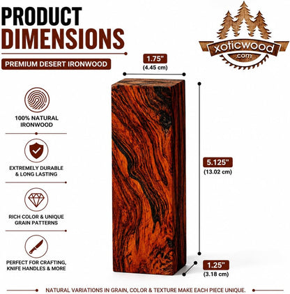 Hardwood Ironwood Blanks, Exotic Wood – Woodchucks Wood – Hardwood Lumber – Natural Wood for DIY Crafts – Size 5 1/8 x 1 3/4 x 1 1/4 inches - Pack of 5
